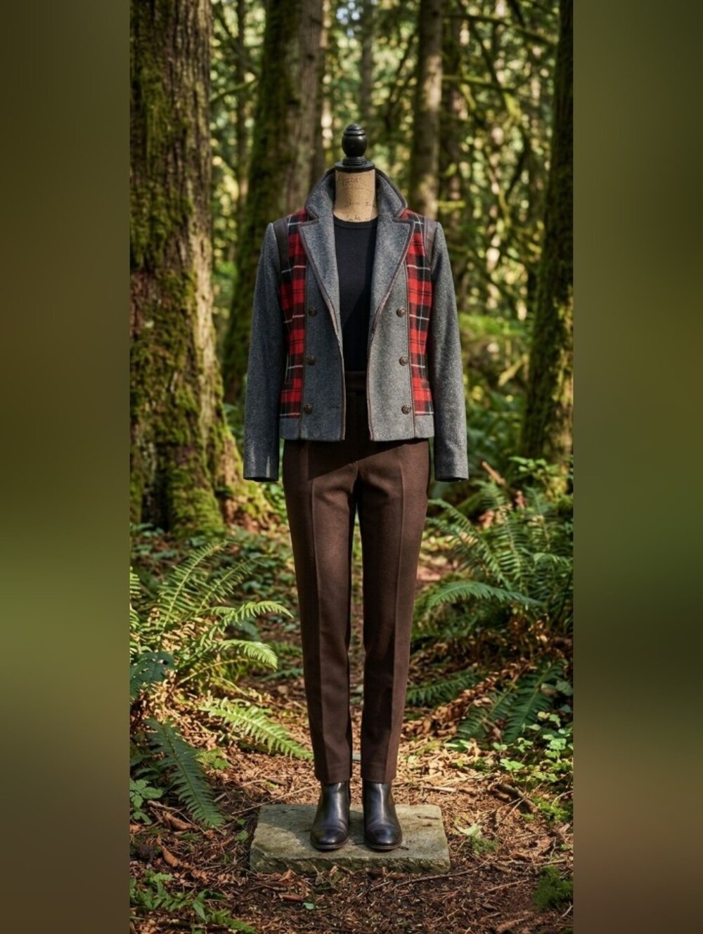 Women's Grey Faux Wool Blend Peacoat with Red Plaid Panels